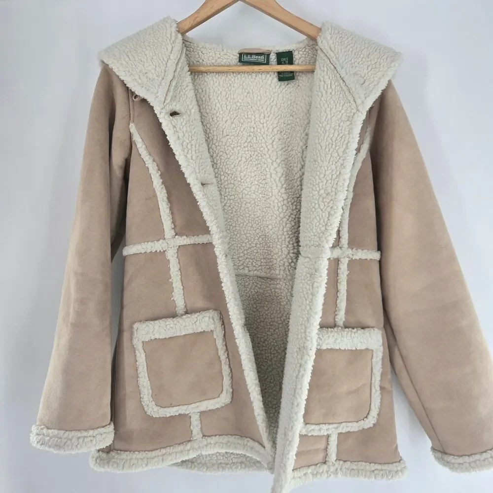 L.L.Bean Girls Vintage Tan Faux Suede Sherpa Lined Hooded Winter Coat XL - Picture 1 of 11